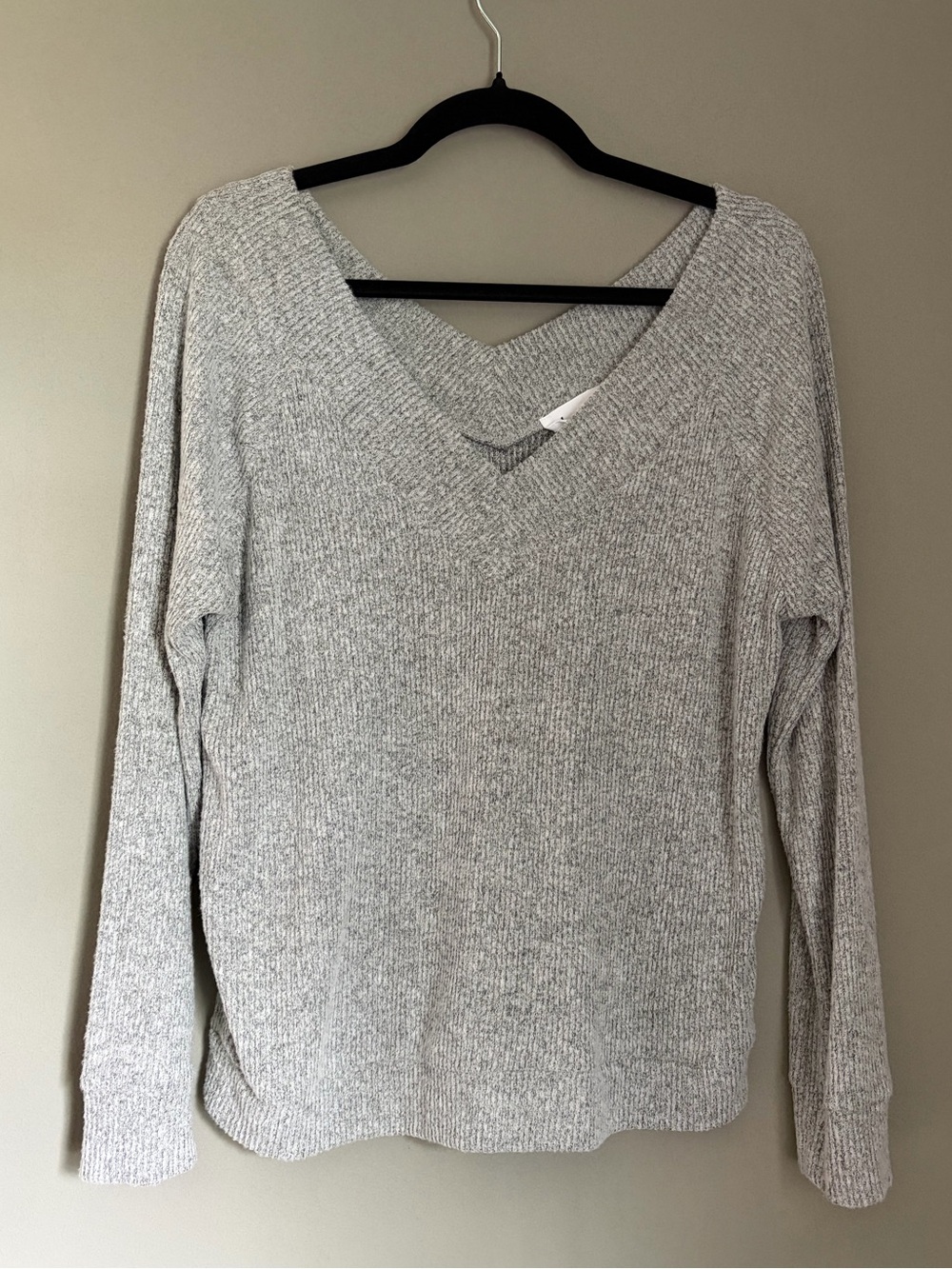 Korye Gray Marled Ribbed Knit V-Neck Sweater Off Shoulder Long Sleeve Pullover